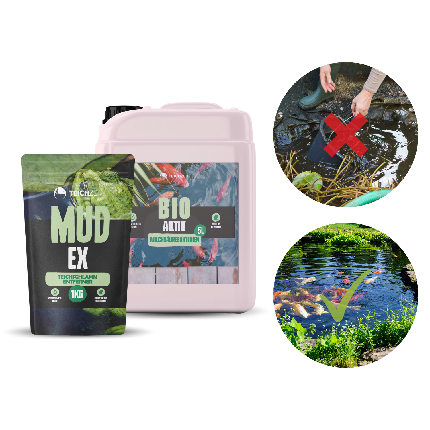Bio Teichschlamm Entfernungs-Set - 1x Teichzeit MudEx Teichschlammentferner & 1x Bio-Aktiv Milchsäurebakterien