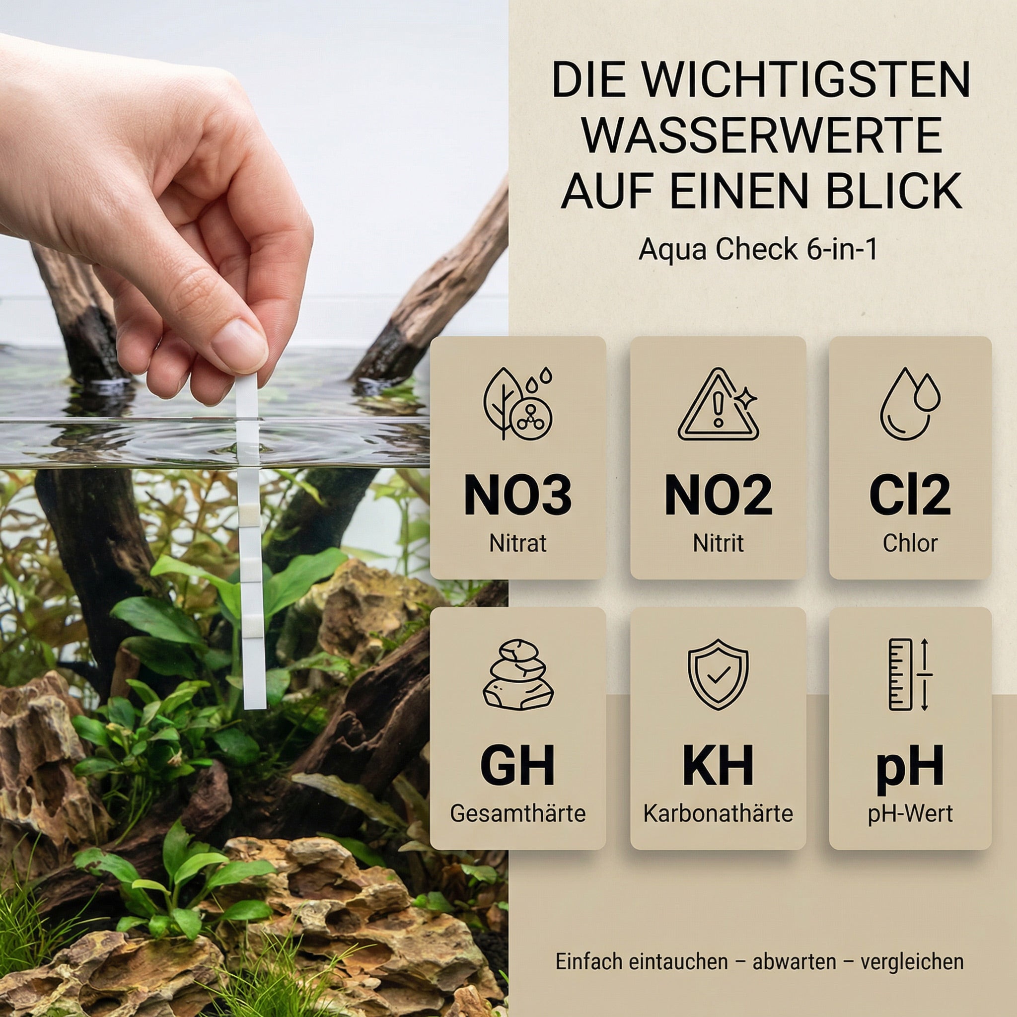 NatureHolic - Aqua Check 6-in-1 Wassertest - Teststreifen fürs Aquarium - 50 Stück