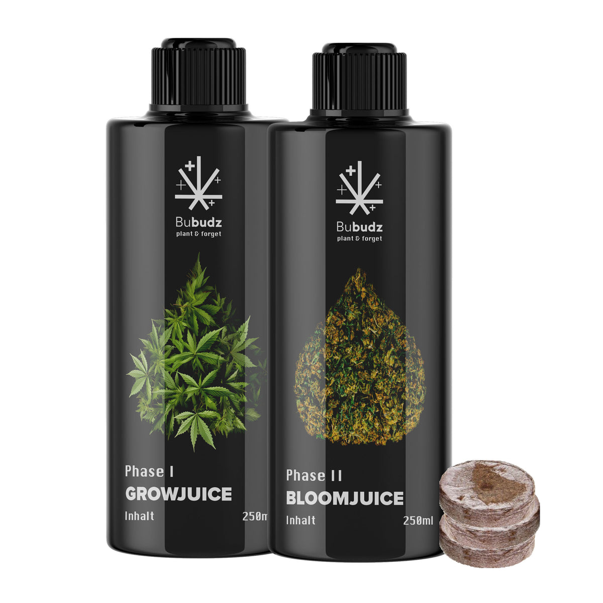 Bubudz Grow Juice & Bloom Juice Cannabis Dünger Set mit Anzuchttöpfen