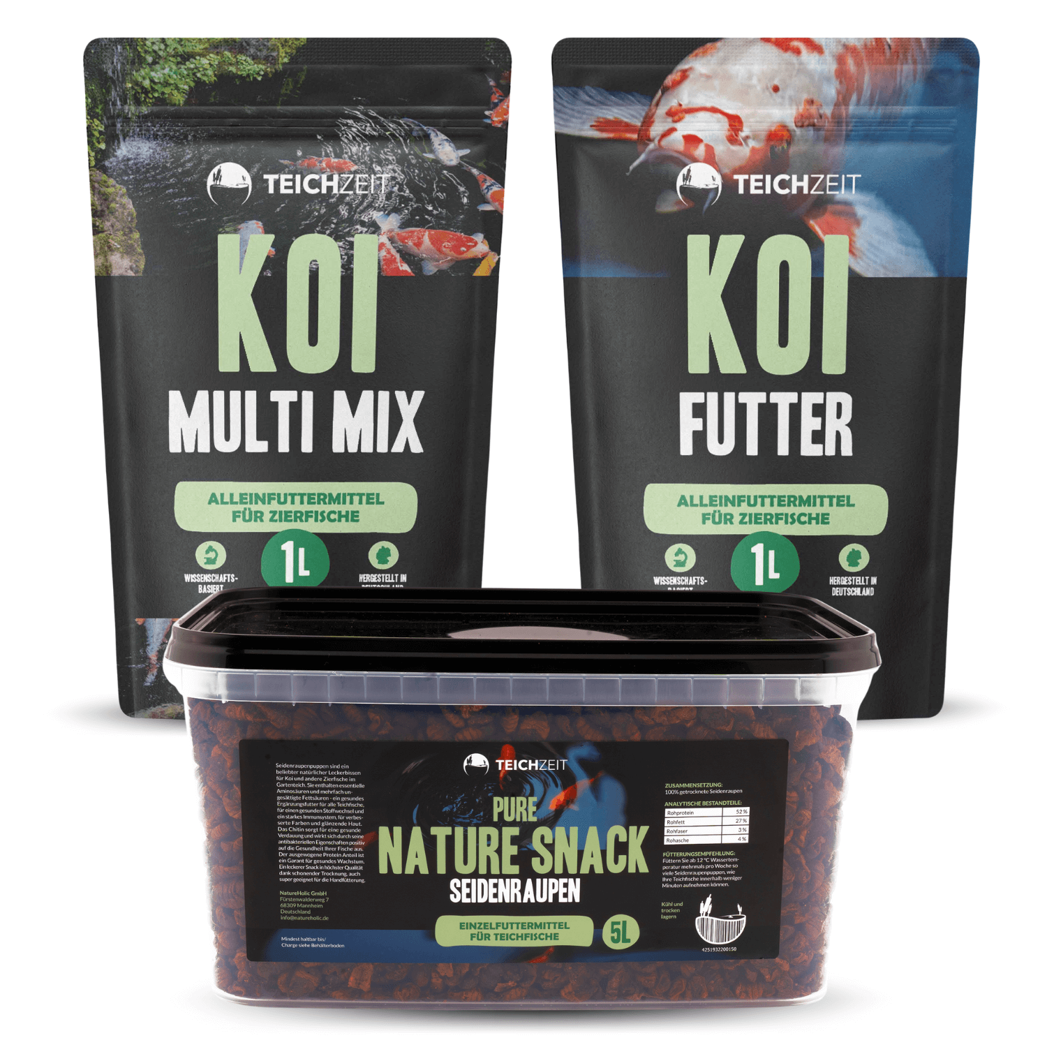 Koi Fisch Sorglospaket - 1x Teichzeit Koi Futter, 1x Teichzeit Koi Multi Mix & 1x Pure Nature Snacks Seidenraupen