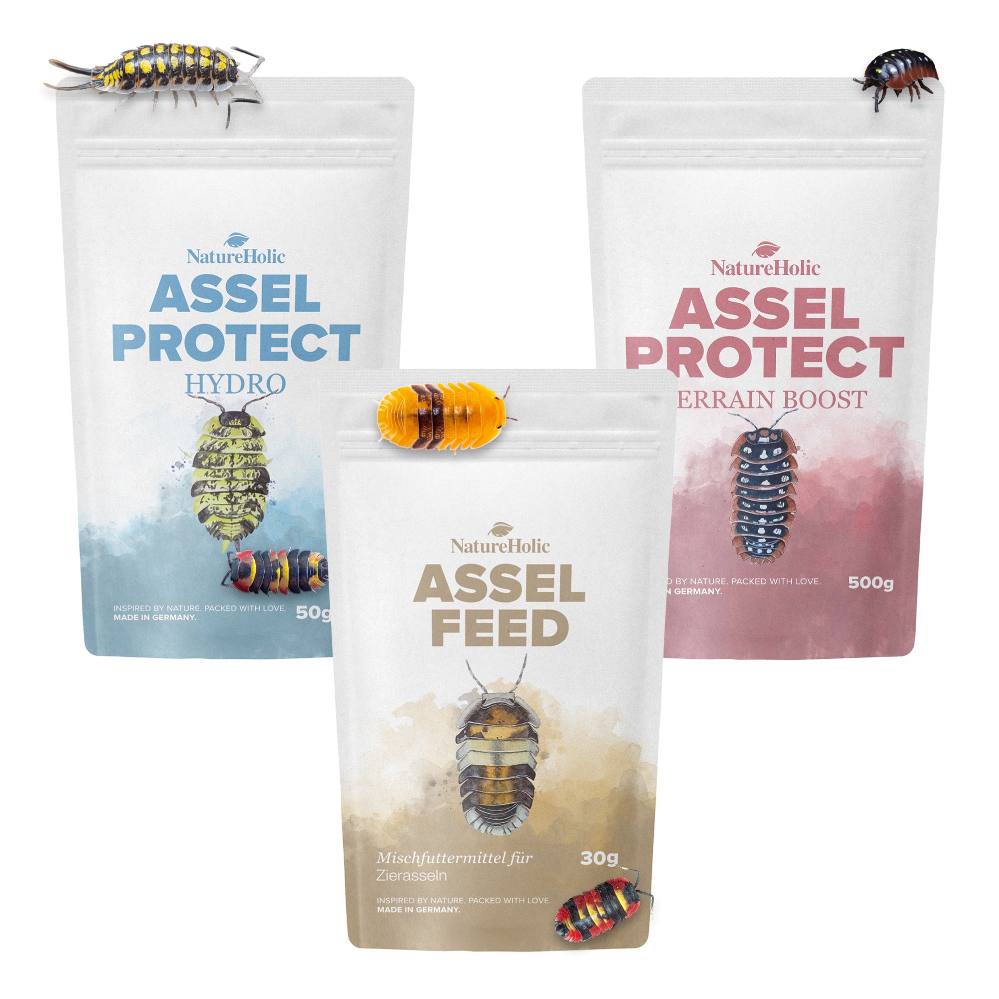 NatureHolic Assel 'Sorglos' Paket – Asselfeed, HydroProtect & TerrainBoost für Asseln im Terrarium