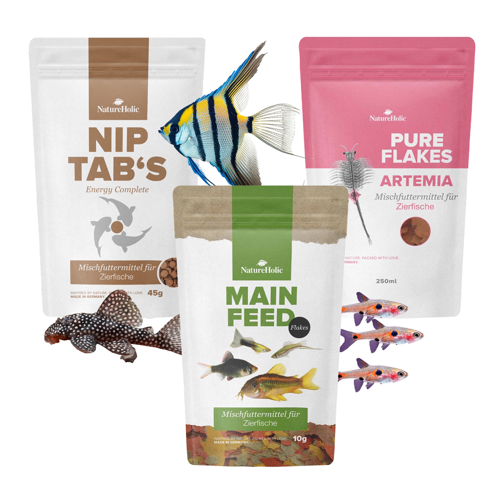 NatureHolic Fisch 'Alles-drin-Paket' – Flocken, Flakes, Hafttabletten - für Aquarienfische