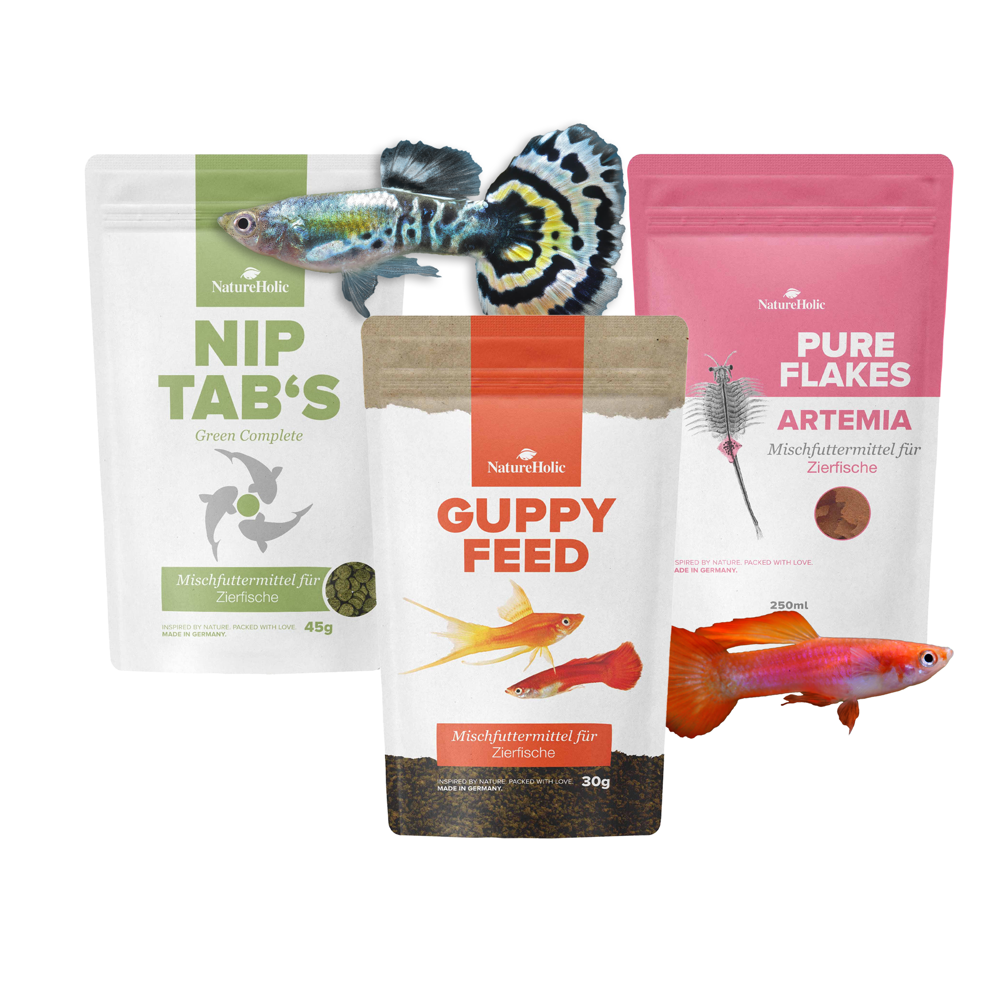 NatureHolic Guppy Futter Bundle - Abwechslungreich mit Softgranulat, Flocken & Hafttabletten