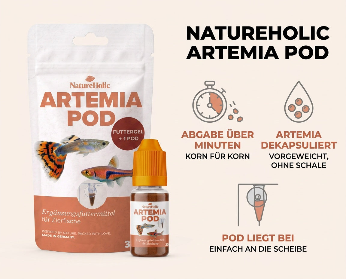 Flasche und Pod neben drei Symbolen: Abgabe über Minuten, Artemia, Pod mit Saugnapf