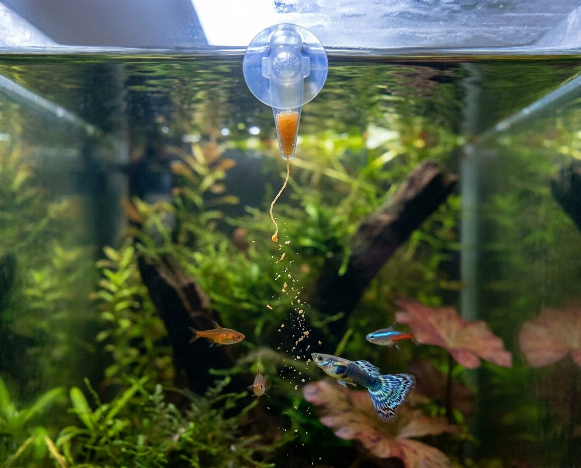 Pod an der Aquarienscheibe, Kampffisch und Salmler fressen am austretenden Futtergel