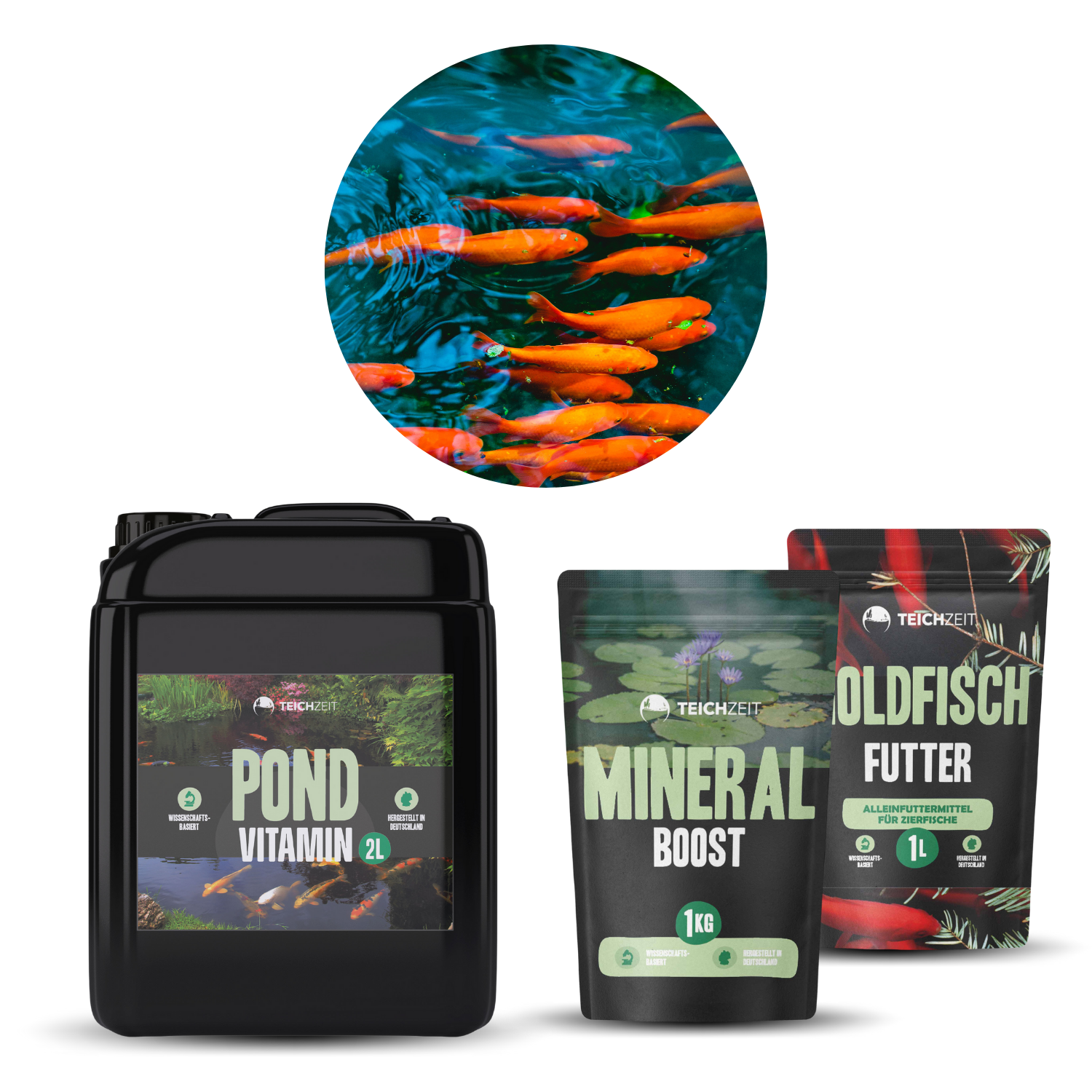 Goldfisch Sorglospaket - 1x Teichzeit Goldfisch Futter, 1x Pond Vitamin & 1x Mineral Boost