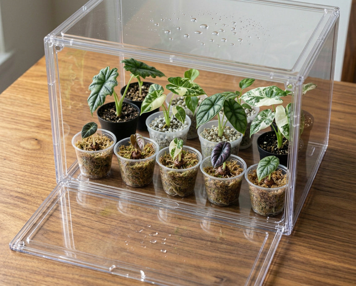 Geöffnete NatureHolic JungleBox Nano mit Alocasia Stecklingen und Jungpflanzen