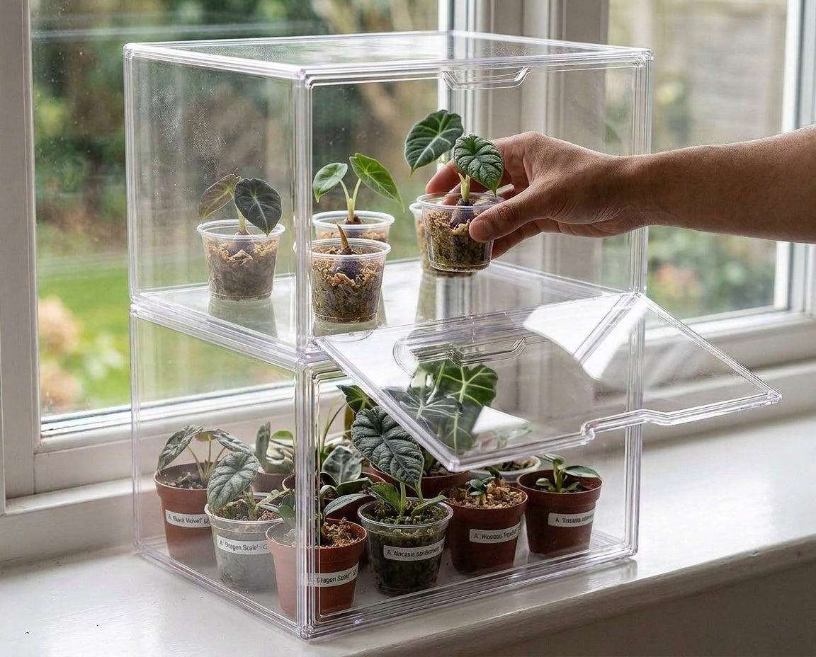 Zwei gestapelte NatureHolic JungleBox Nano mit Jungpflanzen auf der Fensterbank