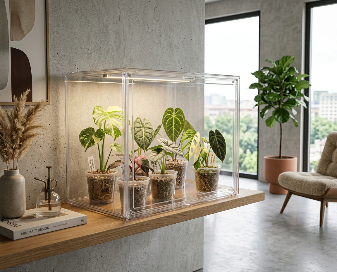 NatureHolic JungleBox Nano mit Zimmerpflanzen auf einem Sideboard im Wohnzimmer