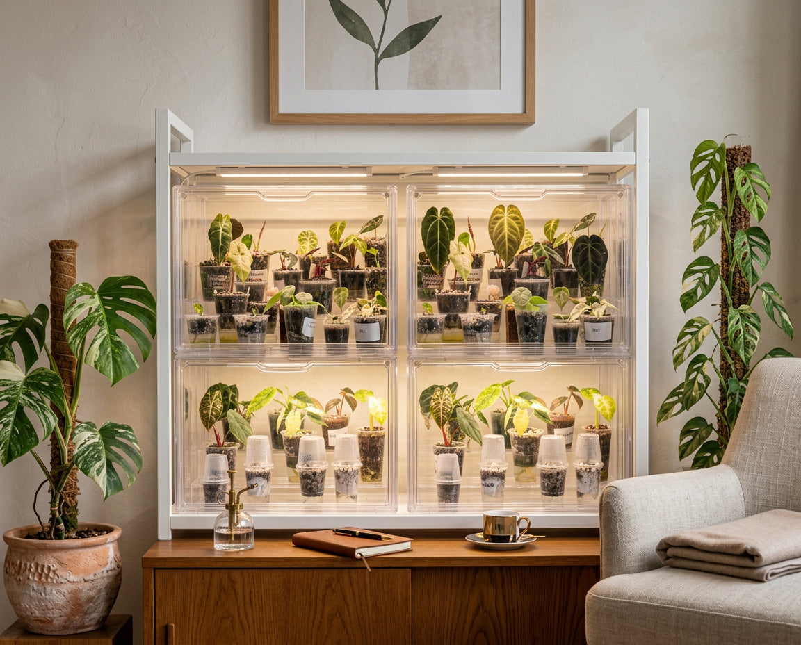 Vier NatureHolic JungleBox Nano mit Jungpflanzen in einem Wohnzimmerregal