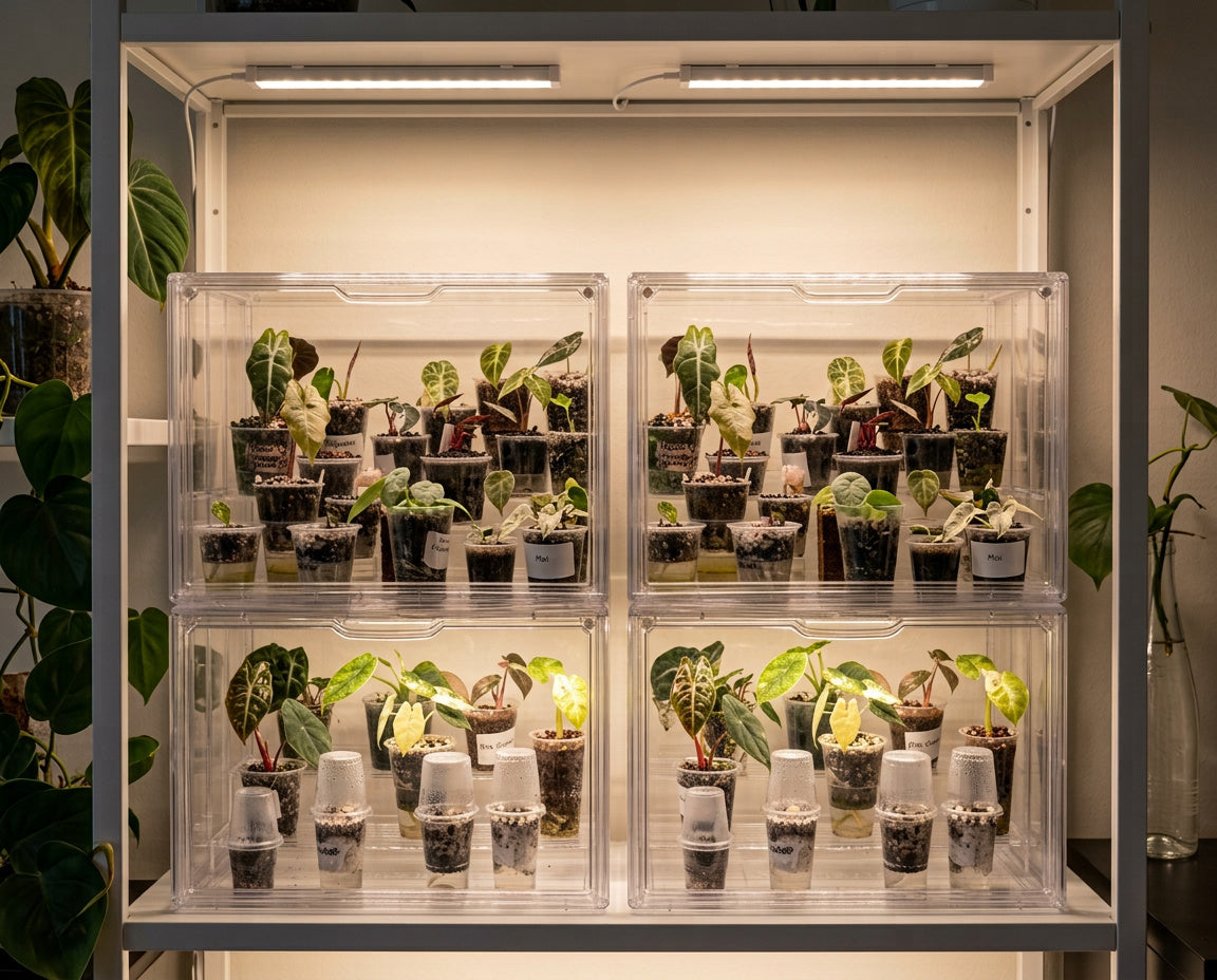 Vier NatureHolic JungleBox Nano mit Jungpflanzen und LED Beleuchtung im Regal
