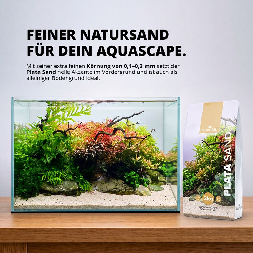 NatureHolic Plata Sand als heller Vordergrund im Aquascape, daneben der Beutel