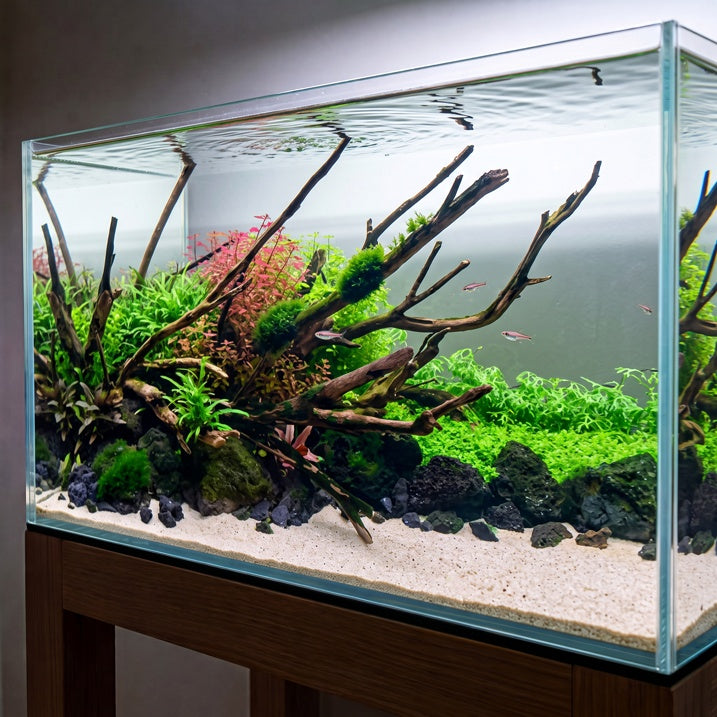 Aquascape mit Wurzeln, Lavasteinen und hellem Plata Sand als Bodengrund