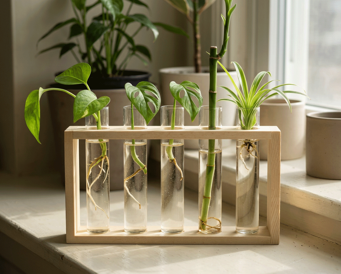 NatureHolic Stecklings-Rack mit Pflanzenstecklingen auf der Fensterbank