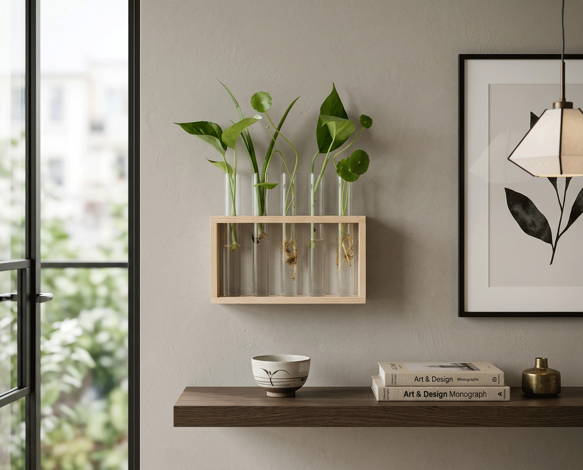 NatureHolic Stecklings-Rack mit Glasröhrchen an der Wand
